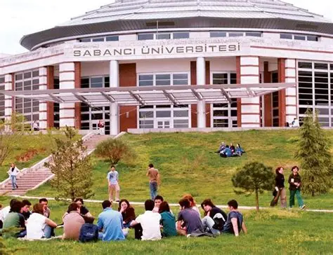 University campus buildings with students walking outside